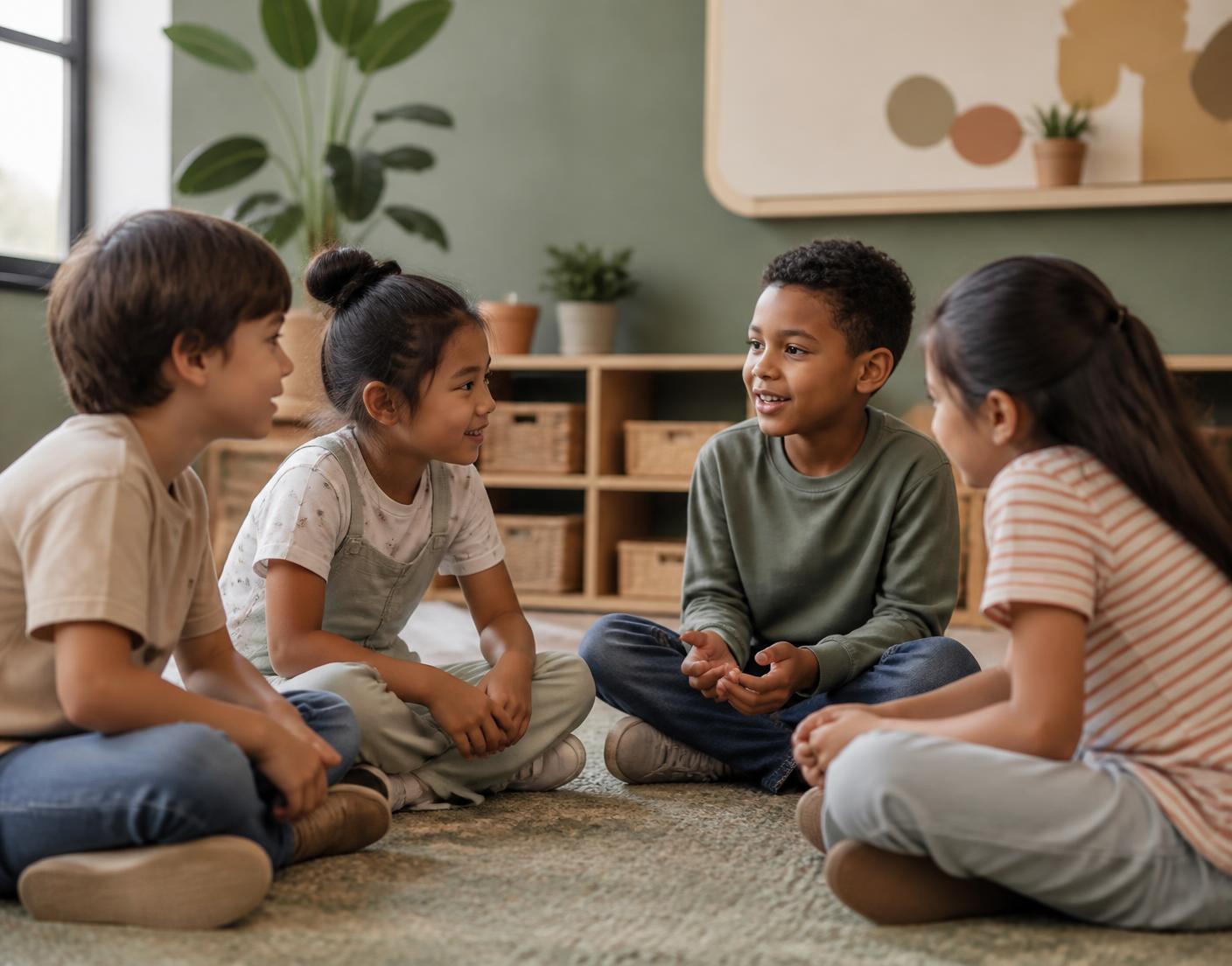Four elementary-age children sitting in a circle and talking together in a bright room